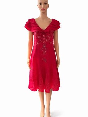 ❤️ Vintage Red Beaded Party Dress Ruffle Neck Bow Detail Embroidered S